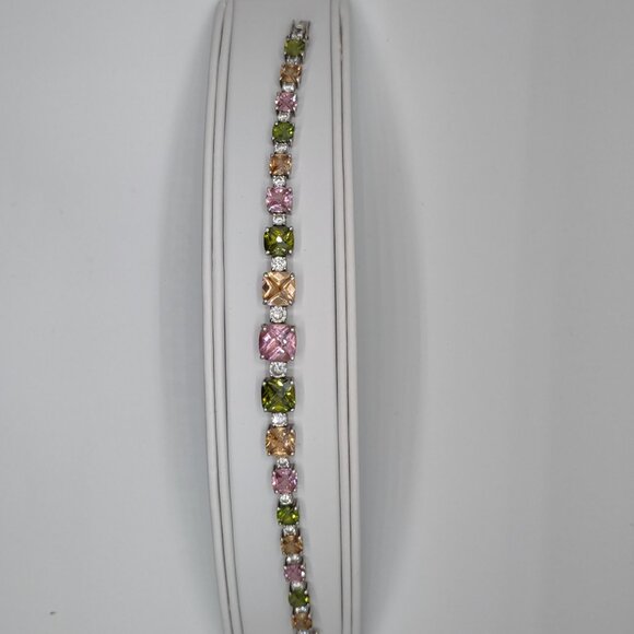 Womens Sterling Silver 925 Tennis Bracelet Sz 7" Pink/Green/Ginger-Color CZs - Picture 9 of 15